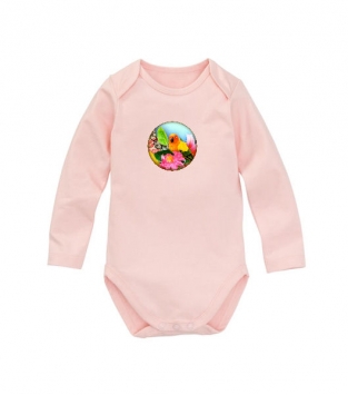 Roze romper met super full color applicatie parkiet